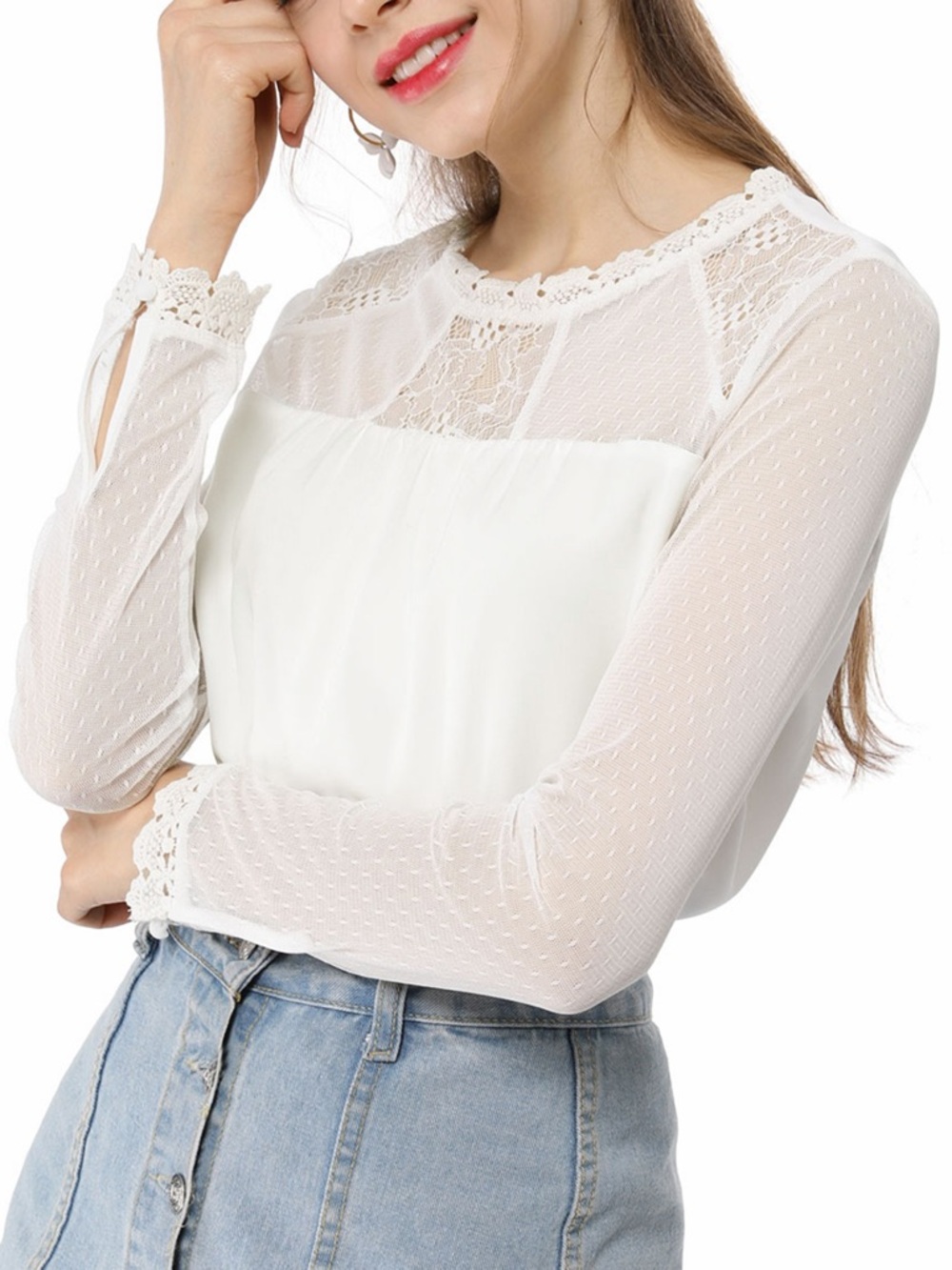 NWT Allegra K White Lace Top XL Sheer Long Sleeve Romantic Feminine Chic Elegant